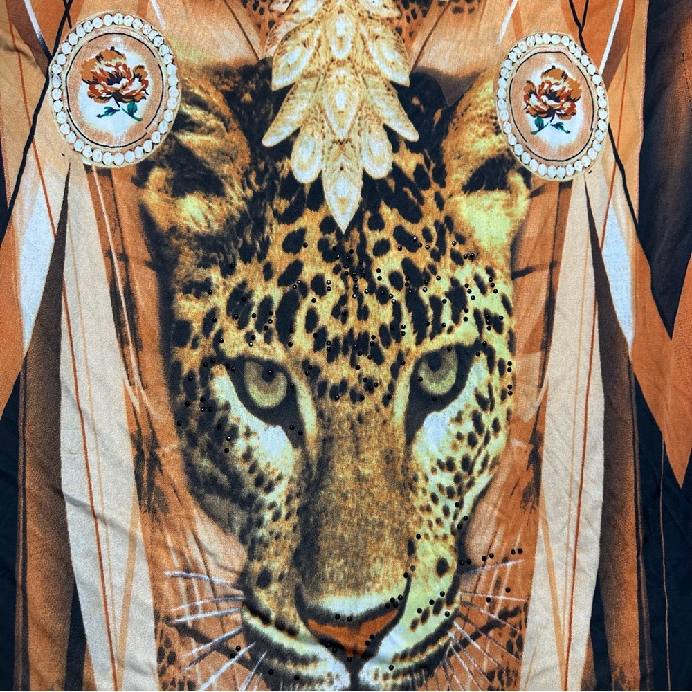5th & Love Satin Beaded Leopard Floral Design Craftan Blouse Women’s Size XL - Picture 10 of 12